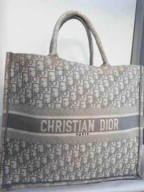 Christian Dior Large Book Tote Gray Oblique Embroidery Authentic Dust Bag